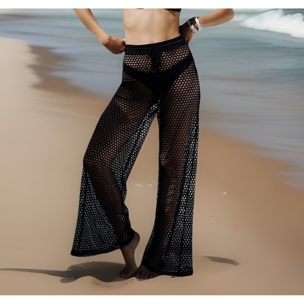 Anthropologie HUTCH‎ Women's Plus 1X Black Crochet Wide Leg Sheer Cover Up Pants